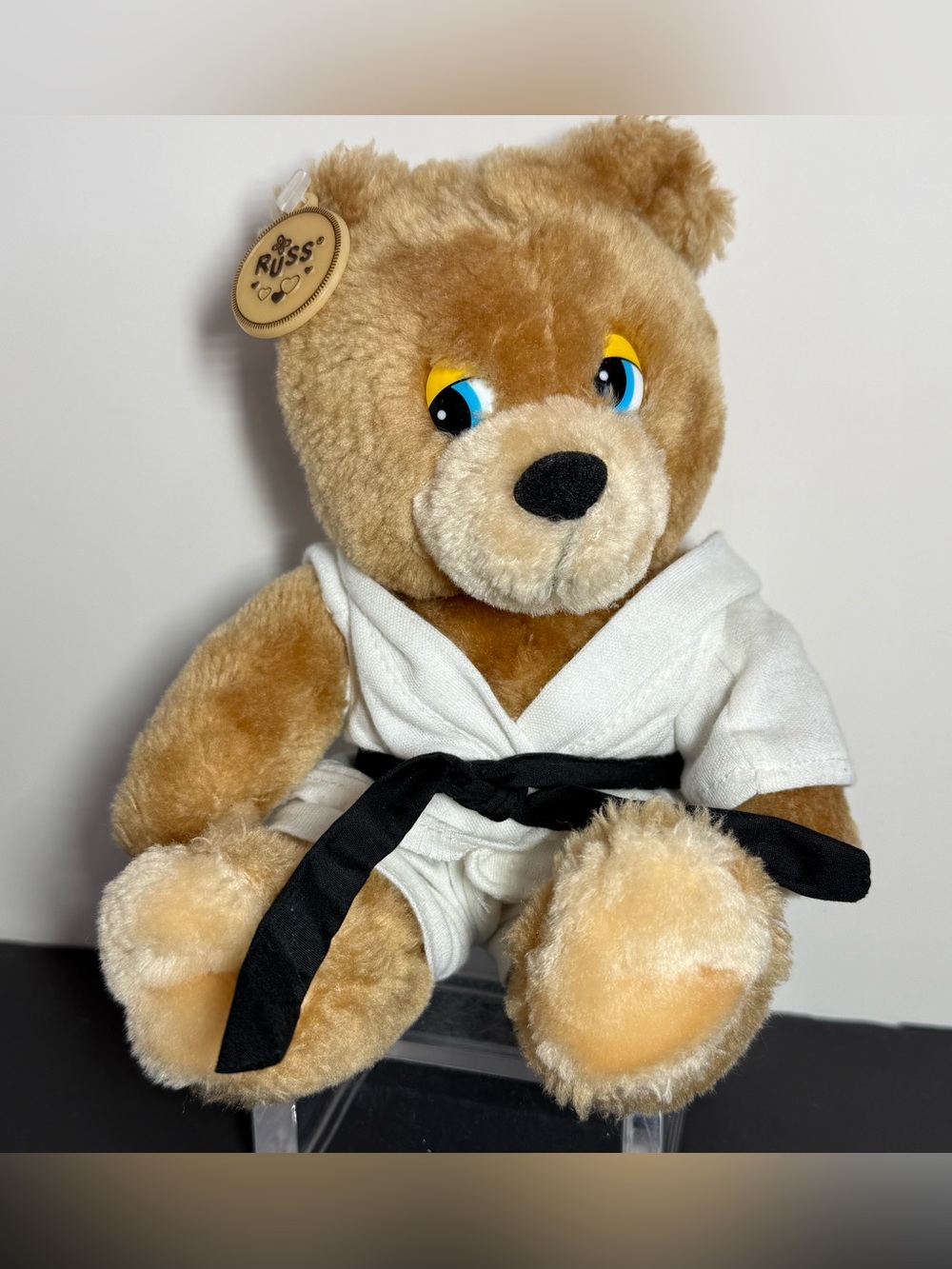 Vintage Russ Berrie Karate Teddy Bear Plush Black Belt Martial Arts ~ 7.5"